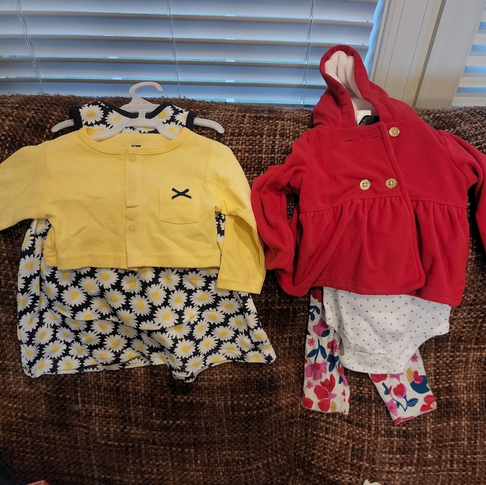 Yellow-blue dress [no sleeves] with yellow jacket. Red 3-piece outfit.